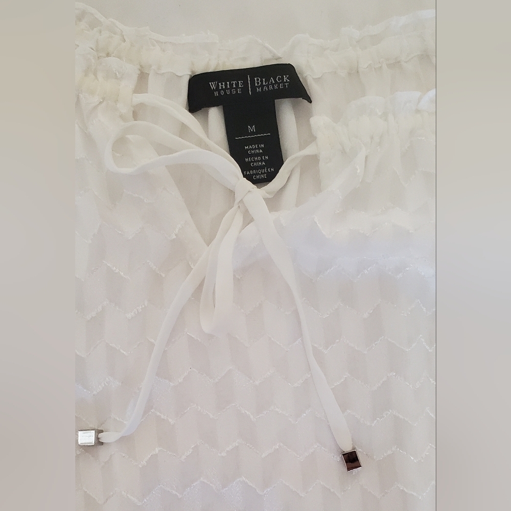 White House Black Market White Sheer Long Sleeve Blouse with Tie Detail Size M - Picture 4 of 9